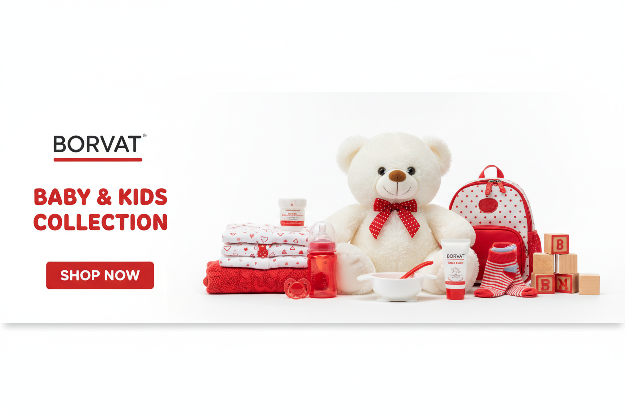 Borvat Baby & Kids Collection banner with a plush teddy bear and red-white baby items, plus a Shop Now button.