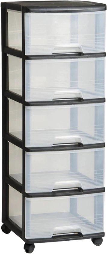 Merkloos Ladesysteem | 5x20 liter | zwart | transparant | 5 lades op wielen -