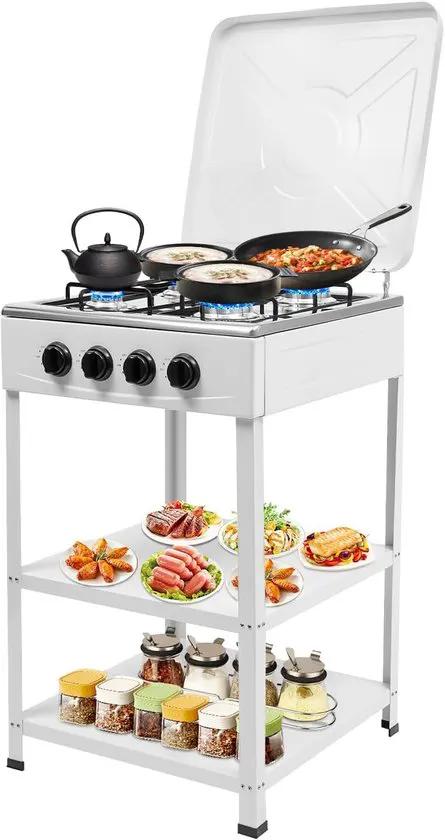 Merkloos Camping Kooktoestel - Vrijstaand Gasfornuis - Buiten Koken - 4 Branders Deksel - 49x49x79 cm - Wit -