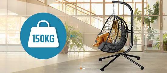 borvat IBBO® - Egg Hangstoel - Hangstoel met standaard - Egg Chair - tot 150kg - Hangstoel met grijs kussen Grijs - Zwart -