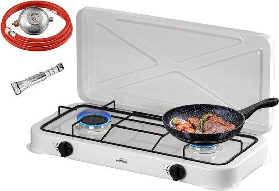 IBBO® - Gas kooktoestel 2 pits - Campingkooktoestel - Vrijstaande Gaskookplaat - incl.1.5 m Gasslang en drukregelaar 50 mbar - Wit by borvat