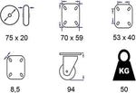 WielenWarenhuis Set van 4 zwenkwielen (transportwielen) 75mm | 2x met en 2x zonder Rem | Draagvermogen 4x50kg | Bevestigingsplaat 70x59mm | Hoogte 94mm -