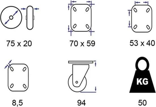 WielenWarenhuis Set van 4 zwenkwielen (transportwielen) 75mm | 2x met en 2x zonder Rem | Draagvermogen 4x50kg | Bevestigingsplaat 70x59mm | Hoogte 94mm -