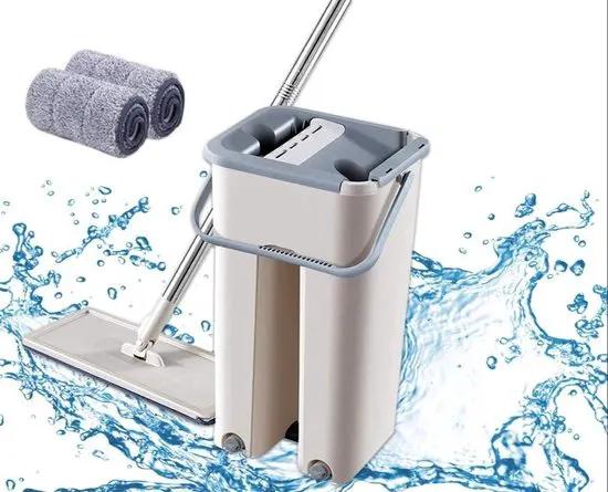 Merkloos IBBO Shop - Handy Mop - Dweilsysteem - Vloerwisser - Emmer met wringer - Vlakke dweil met een emmer met een tweekamerpers, dweil, emmer - Dweilsysteem - Vloerwisser -