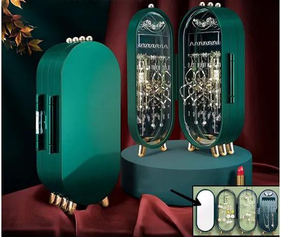 Merkloos IBBOShop - Sieradenhouder - Oorbellenrekje - Sieradenrekje - Sieraden Organizer - Sieradendoos - Met spiegel - Sieraden Opbergen - Groen -