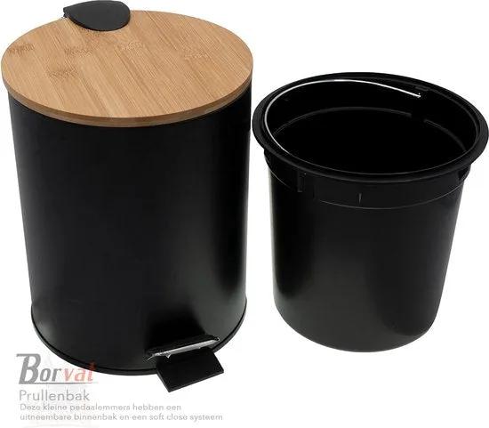 Borvat® Borvat® - Luxe pedaalemmer - metaal - soft close - prullenbak - 3 L - 17 x 17 x 23 cm - kantoor - slaapkamer - badkamer - toilet - keuken - Zwart / Hout -