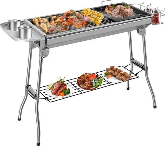 Merkloos RVS Barbecue - Houtskool Grill - BBQ - Roestvrijstaal - 73 x 34 CM - Inclusief kookgereedschap - Zilverkleurig - RVS -