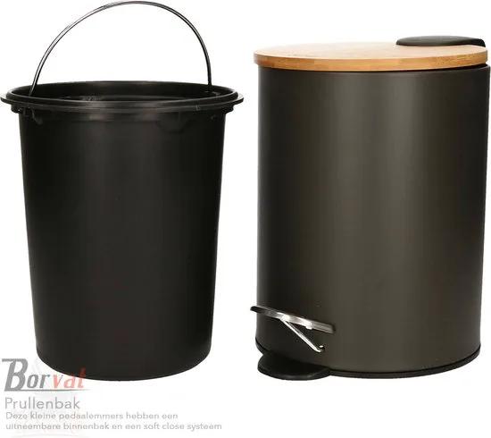 Borvat® Borvat® - Luxe pedaalemmer - metaal - soft close - prullenbak - 3 L - 17 x 17 x 23 cm - kantoor - slaapkamer - badkamer - toilet - keuken - Zwart / Hout -