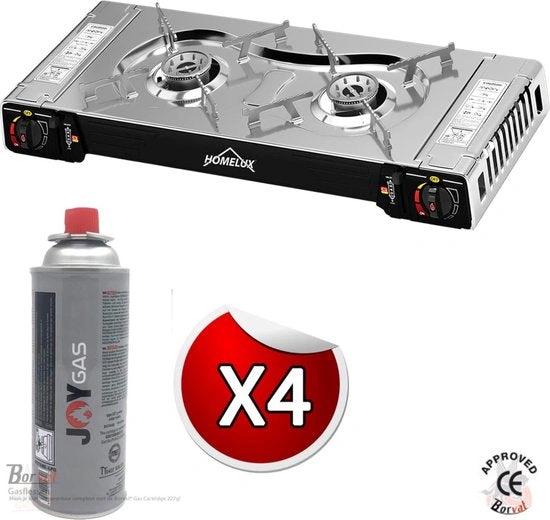 IBBO Shop - Camping Kookstel 2 Pits - Kooktoestel - Kampeer kookstel - Gasstel - Gaspit - Kookplaat - Elektronische ontsteking - 2 Pits - Buiten Koken - Twee pits gasfornuis - RVS - Zilver - Inclusief 4 Gasflessen Gratis by Merkloos
