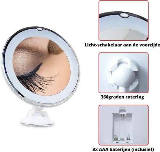 Borvat® Make-up en Scheerspiegel met LED Verlichting – 10x Vergroting – 360° Verstelbaar met Zuignap -Voor Badkamer, Douche en Slaapkamer– Rond – Wit -