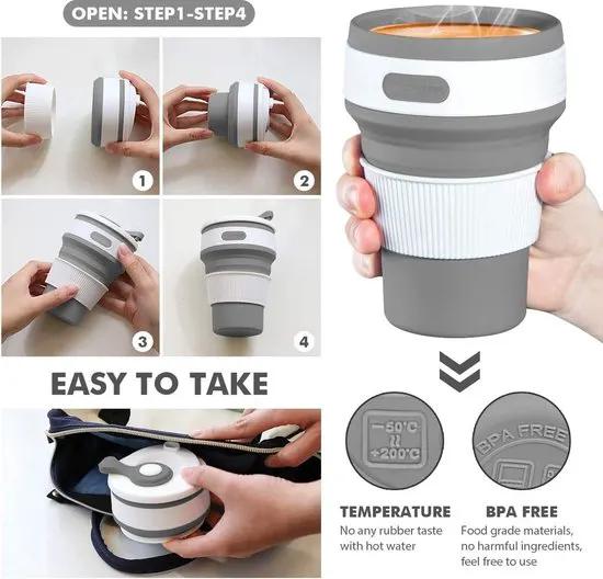 Borvat® Borvat® | Koffiebeker to go - Opvouwbare reisbeker - Duurzaam en BPA-vrij - 350 ml - Grijs - Thermoses Camping & Outdoor