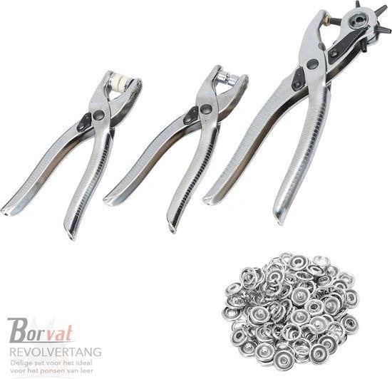 Borvat® Borvat® - Revolvertang & Drukknooptang Gatentang Set - Drukknopen Tang Ponstang Riemen & Leer - Pijptang - Zilver -