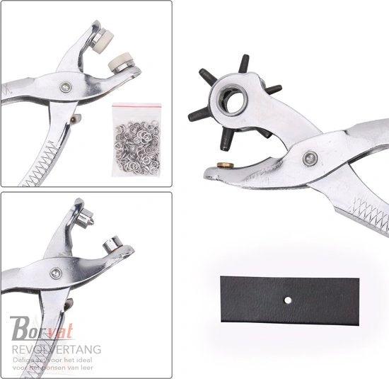 Borvat® Borvat® - Revolvertang & Drukknooptang Gatentang Set - Drukknopen Tang Ponstang Riemen & Leer - Pijptang - Zilver -