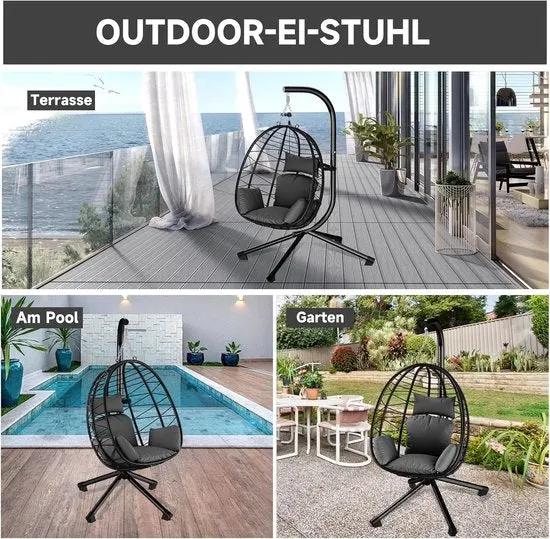 borvat IBBO® - Egg Hangstoel - Hangstoel met standaard - Egg Chair - tot 150kg - Hangstoel met grijs kussen Grijs - Zwart -