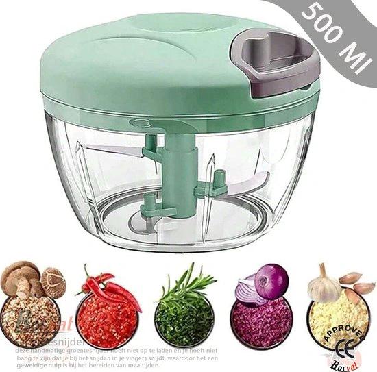 Borvat® Uiensnijder - handmatig - groentesnijder met roestvrijstalen messen - extra 1 mixer - uien hakmolen - multihakmolen met trekkoord - 5 seconden hakken en mengen (Groen - 500 ml) by Borvat®