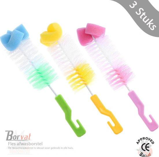Borvat® Borvat® - Fles afwasborstel - Flessenborstel - Babyfles afwasborstel - Drinkfles Borstel - Glazenborstel - Assorti - 3 Stuks -