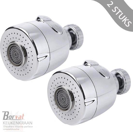 Borvat® Borvat® - Draaibare douche perlator - Voor keukenkraan - Kraan kop zilver - Waterbesparende kraankop - Krachtige kraankop - roterende sproeikop - 360 graden - Kraan opzetstuk - 2 Stuks -