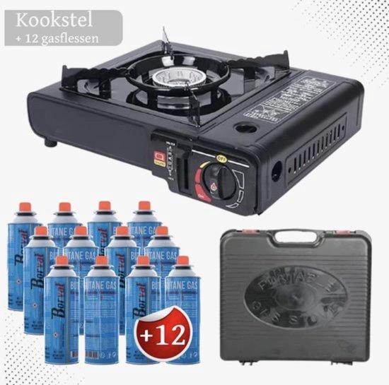 Draagbaar Gasfornuis Camping Kookstel - Incl. 12 Gasflessen & Koffer - Outdoor by BORVAT