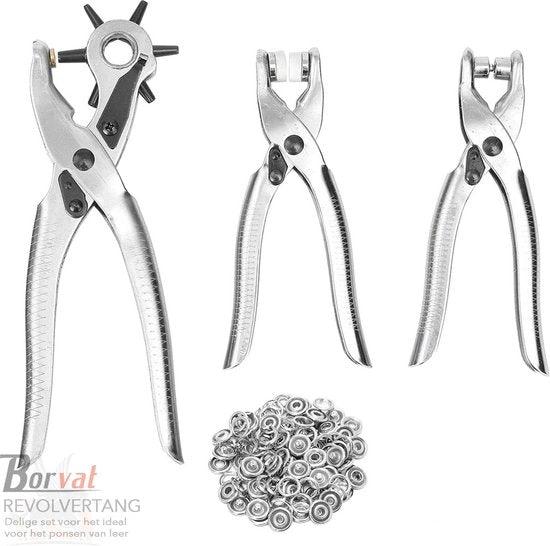 Borvat® Borvat® - Revolvertang & Drukknooptang Gatentang Set - Drukknopen Tang Ponstang Riemen & Leer - Pijptang - Zilver -