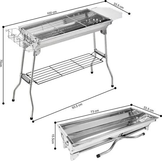 Merkloos RVS Barbecue - Houtskool Grill - BBQ - Roestvrijstaal - 73 x 34 CM - Inclusief kookgereedschap - Zilverkleurig - RVS -