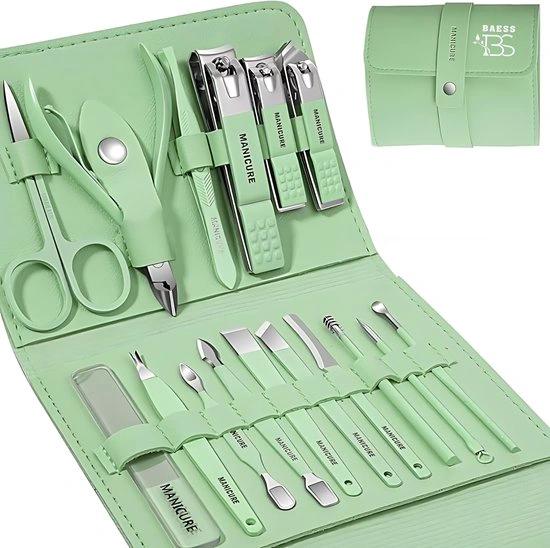 16-Delige Pedicure & Manicure Set - Nagelknippers, Nagelvijl, Nageltang - Groen by BORVAT