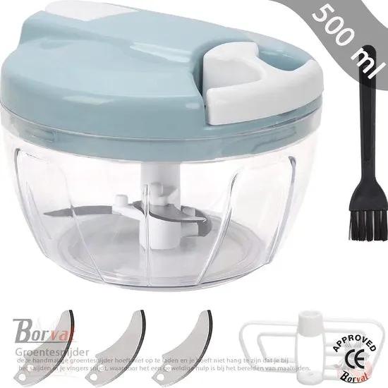 Borvat® Borvat® Uiensnijder - handmatig - groentesnijder met roestvrijstalen messen - extra 1 mixer - uien hakmolen - multihakmolen met trekkoord - 5 seconden hakken en mengen (blauw-500 ml) -