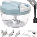 Borvat® Borvat® Uiensnijder - handmatig - groentesnijder met roestvrijstalen messen - extra 1 mixer - uien hakmolen - multihakmolen met trekkoord - 5 seconden hakken en mengen (blauw-500 ml) -