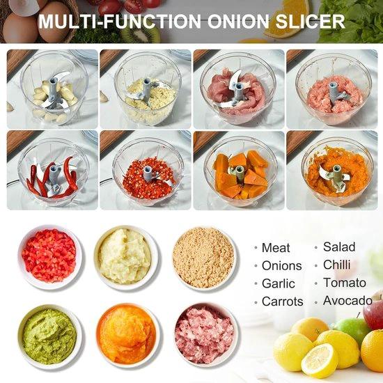 Bol.com Import Uiensnijder, handmatig 900 ml, uienhakmolen met trekkoord, groentesnijder, handmatig, multisnijder, universele haker, handmatige voedselchopper Onion Cutter met 5 messen -