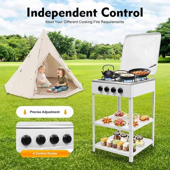 Merkloos Camping Kooktoestel - Vrijstaand Gasfornuis - Buiten Koken - 4 Branders Deksel - 49x49x79 cm - Wit -