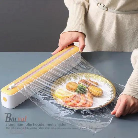 Borvat® Borvat® - Handige Vershoudfolie - aluminiumfolie houder met snijder - Keuken tool - Kunststof - 37 x 7 cm - Blauw-Wit -