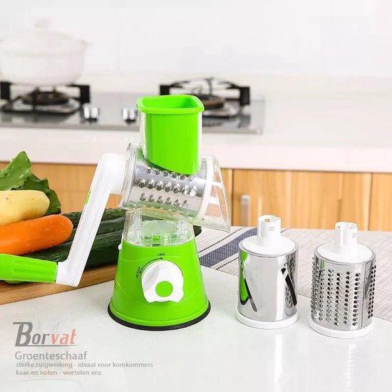 Borvat® Borvat® Kaasrasp met zwengel - groentesnijder met 3 roestvrijstalen verwisselbare trommelmessen - handmatige trommelrasp - groenteschaaf - sterke zuigwerking - ideaal voor komkommers - kaas en noten - wortelen enz -