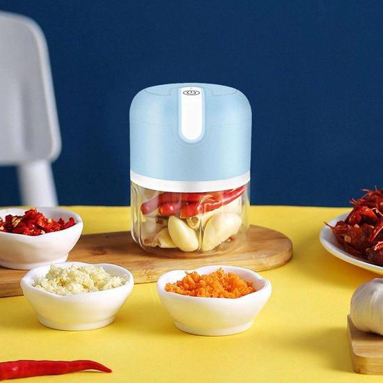 Merkloos Mini USB Hakmolen Elektrisch Foodprocessor Hakmolens Uiensnijder vaatwasser bestendig Chopper RVS Messen - LICHTBLAUW - 250 ml -