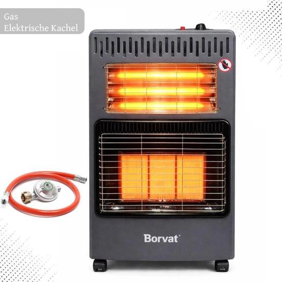 borva Soroh® – Gaskachel – Gas- en elektrische kachel – Opvouwbare heater – Infrarood kachel – Inclusief Gasslang & Gasdrukregelaar – Krachtige en Veilige Gas Heater voor Binnen – Met Wieltjes en Omvalbeveiliging – 4200 W – Grijs -