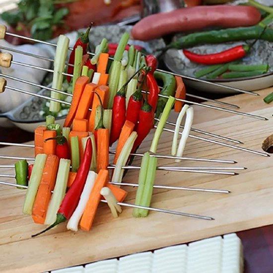 Marshmallow spiezen - BBQ spiezen set - Metalen spiezen met houten handvat - Kampvuur accessoires - Barbecue prikkers - Herbruikbare spiezen - Marshmallow stokjes - 10 Stuks by Merkloos