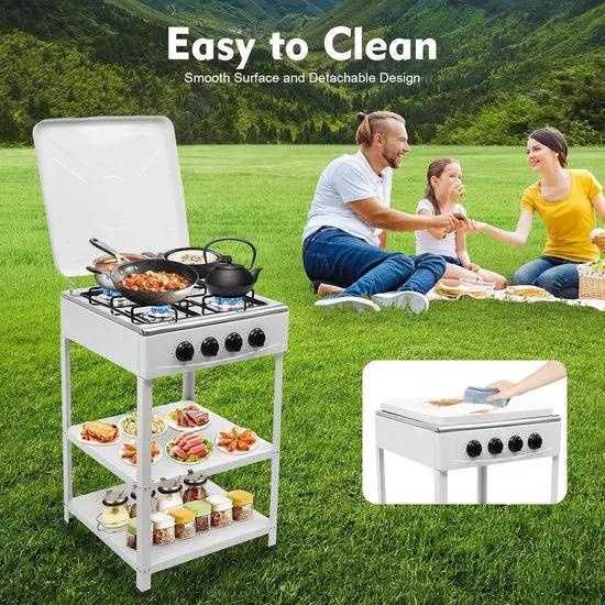 Merkloos Camping Kooktoestel - Vrijstaand Gasfornuis - Buiten Koken - 4 Branders Deksel - 49x49x79 cm - Wit -