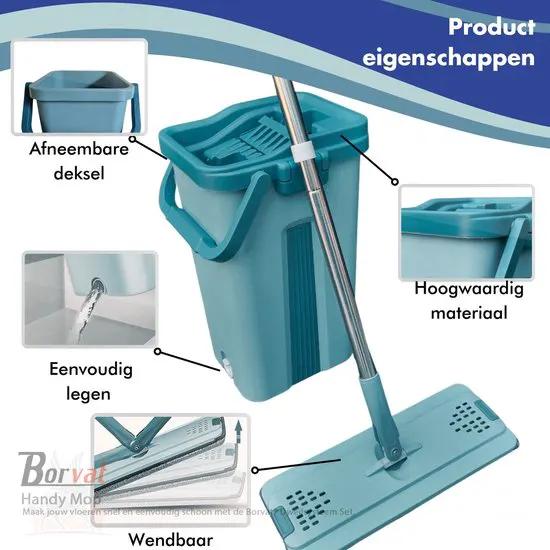 Borvat® Borvat® | 3-in-1 Handy Mop - Dweilsysteem met Emmer en Wringer - Vloerwisser - Vlakke Dweil - Groen - Mops Huishouden & Schoonmaak