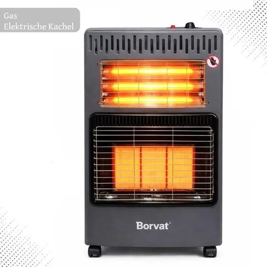 borvat Opvouwbare Gas- en Elektrische Kachel – Opvouwbare heater – Infrarood kachel – Krachtige en Veilige Gas Heater voor Binnen – Met Wieltjes en Omvalbeveiliging – 4200 W – Grijs -