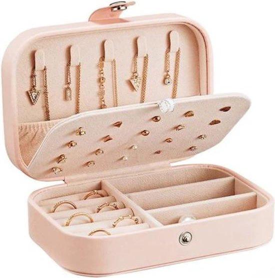 Merkloos Luxe Sieradenbox Opberger - sieraden doos - juwelen doos - Opbergbox - Reis Juwelen Opbergdoos - Leer zacht roze - Ketting/Oorbellen/Ring/Horloge - Dames/Meisjes -