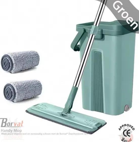 Borvat® Borvat® | 3-in-1 Handy Mop - Dweilsysteem met Emmer en Wringer - Vloerwisser - Vlakke Dweil - Groen - Mops Huishouden & Schoonmaak
