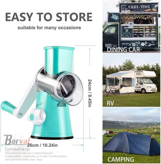 Borvat® Borvat® - Spiraalsnijder - Rasp - Kaasrasp - Groentesnijder - Kaasmolen - 3-in-1 Roterende Groentesnijder - Trommelrasp -