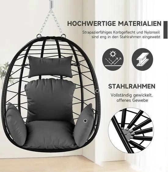 borvat IBBO® - Egg Hangstoel - Hangstoel met standaard - Egg Chair - tot 150kg - Hangstoel met grijs kussen Grijs - Zwart -