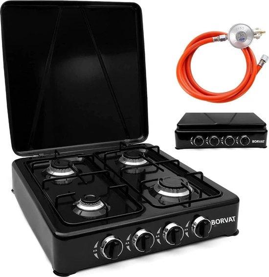 BORVAT Gaskookplaat 4-Pits met Gasslang en Drukregelaar - Zwart by BORVAT