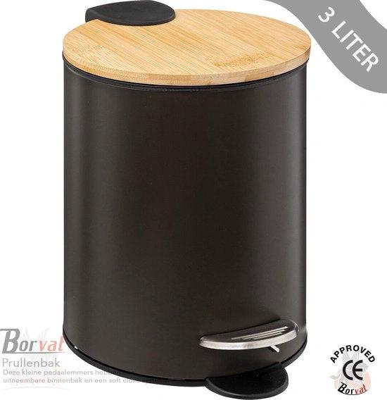 BORVAT Luxe Pedaalemmer Metaal Soft Close - 3L - 17x17x23cm - Badkamer, Keuken, Kantoor - Zwart/Hout by BORVAT