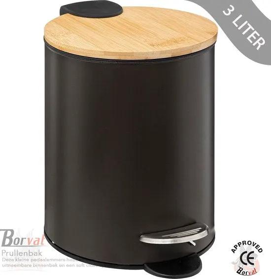 Borvat® Borvat® - Luxe pedaalemmer - metaal - soft close - prullenbak - 3 L - 17 x 17 x 23 cm - kantoor - slaapkamer - badkamer - toilet - keuken - Zwart / Hout -