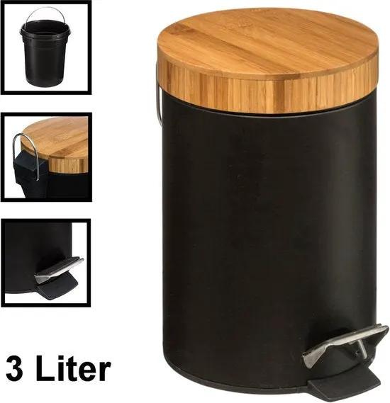 Borvat® Borvat® | Stijlvolle prullenbak met bamboe deksel | Zwart / hout | Klein formaat | 3L | badkamer / wc / keuken / kantoor prullenbak -