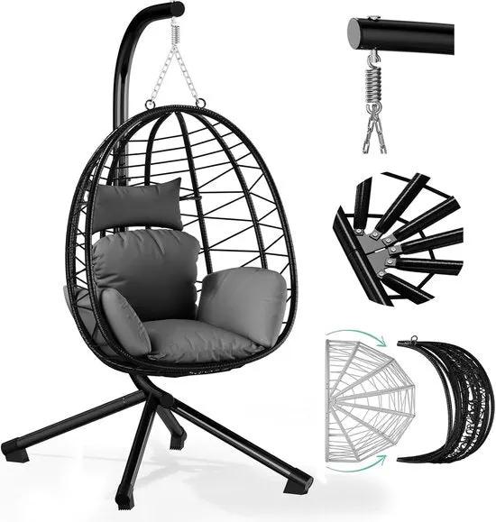 borvat IBBO® - Egg Hangstoel - Hangstoel met standaard - Egg Chair - tot 150kg - Hangstoel met grijs kussen Grijs - Zwart -