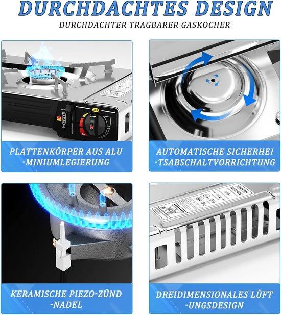 IBBO Shop - Camping Kookstel 2 Pits - Kooktoestel - Kampeer kookstel - Gasstel - Gaspit - Kookplaat - Elektronische ontsteking - 2 Pits - Buiten Koken - Twee pits gasfornuis - RVS - Zilver - Inclusief 4 Gasflessen Gratis by Merkloos