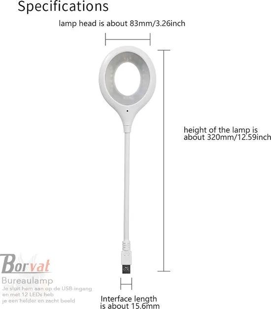 Borvat® Borvat® - Bureaulamp voor Laptop en PC - Wit en Ovaal- Flexibel en Helder - Met LED USB Aansluiting -