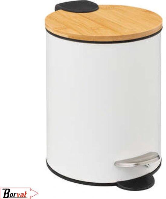 BORVAT Luxe Pedaalemmer Metaal Soft Close - 3L - 17x17x23cm - Badkamer, Keuken, Kantoor - Wit/Hout by BORVAT