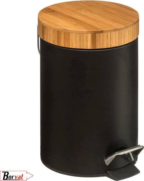Borvat® Borvat® | Stijlvolle prullenbak met bamboe deksel | Zwart / hout | Klein formaat | 3L | badkamer / wc / keuken / kantoor prullenbak -